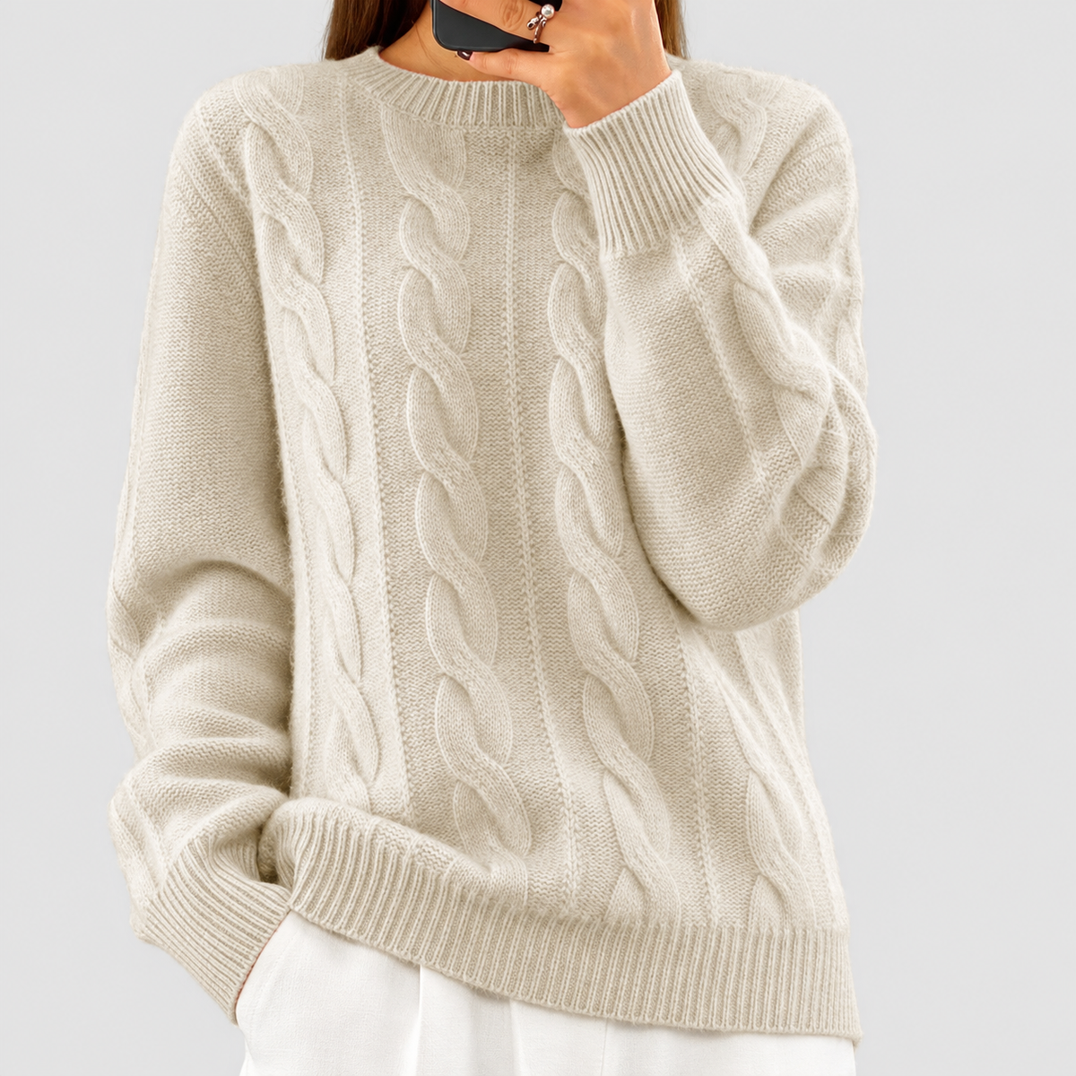 Susannah | Women’s Cable-Knit Wool Sweater with Ribbed Trim — Beige