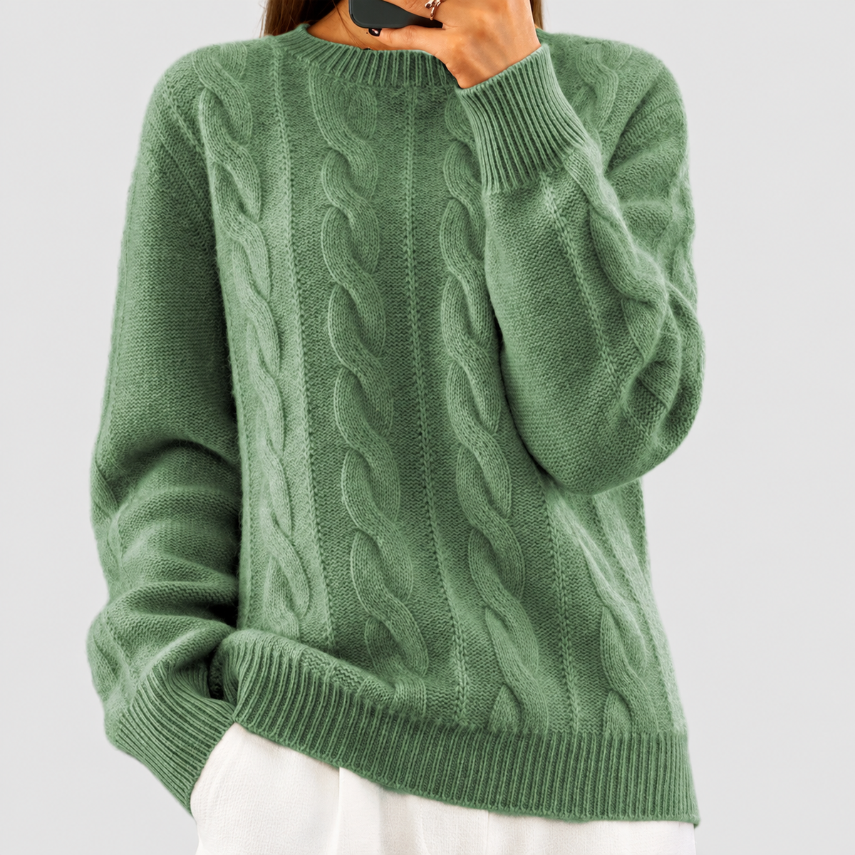 Susannah | Women’s Cable-Knit Wool Sweater with Ribbed Trim — Green