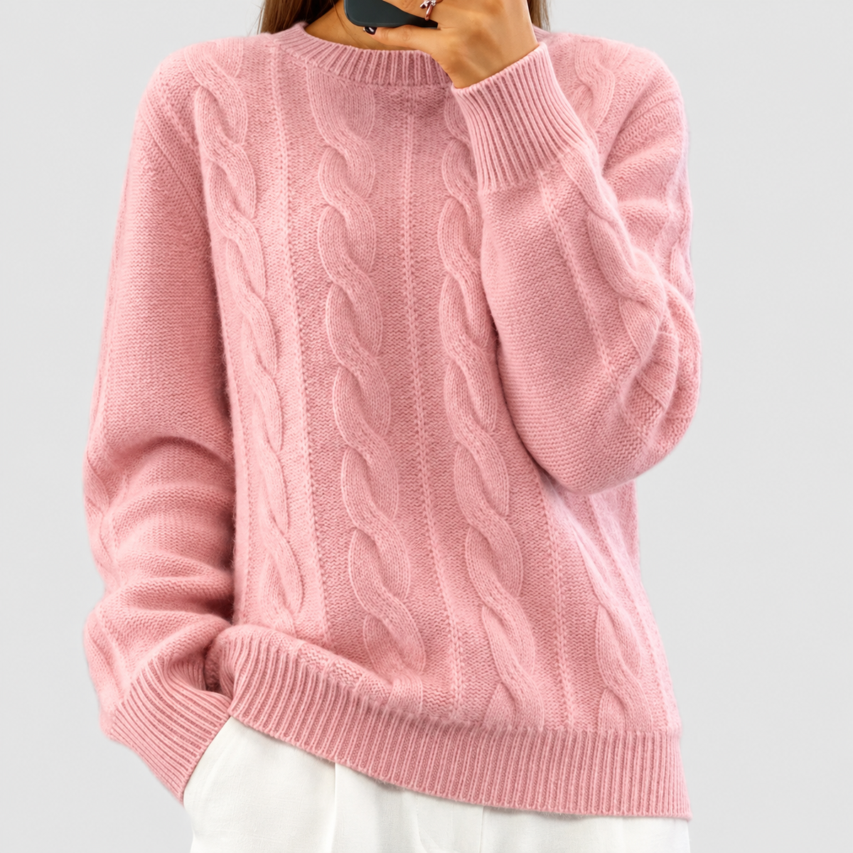 Susannah | Women’s Cable-Knit Wool Sweater with Ribbed Trim — Pink