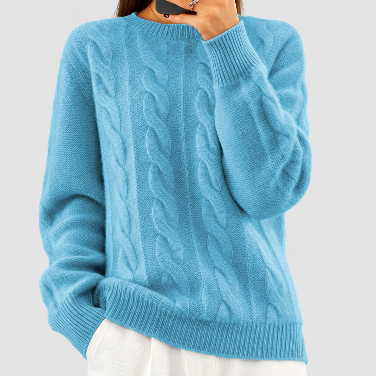 Susannah | Women’s Cable-Knit Wool Sweater with Ribbed Trim — Blue