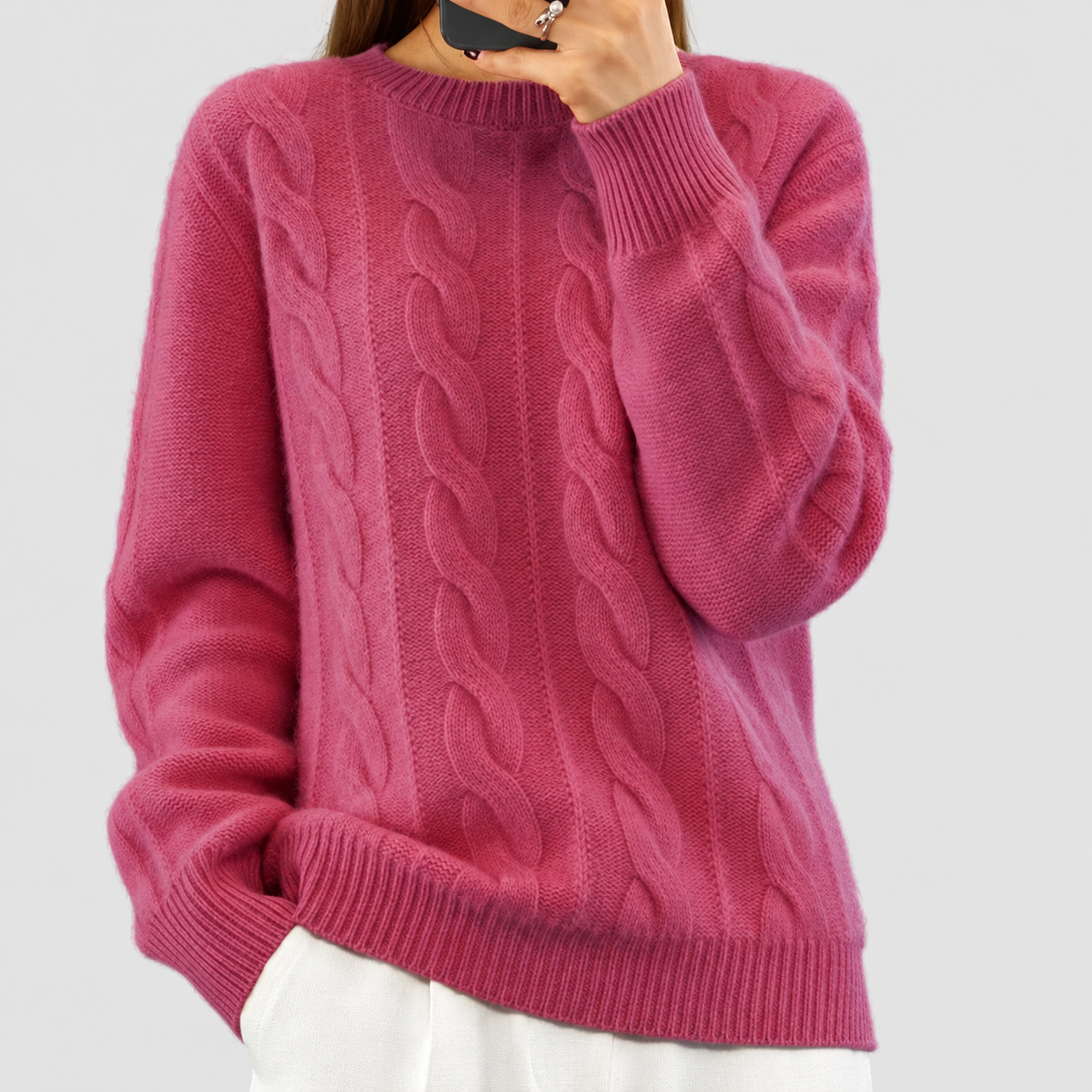 Susannah | Women’s Cable-Knit Wool Sweater with Ribbed Trim — Dark Pink