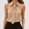 Tallulah | Women’s Sleeveless Halter Blouse with Tie Detail — Khaki