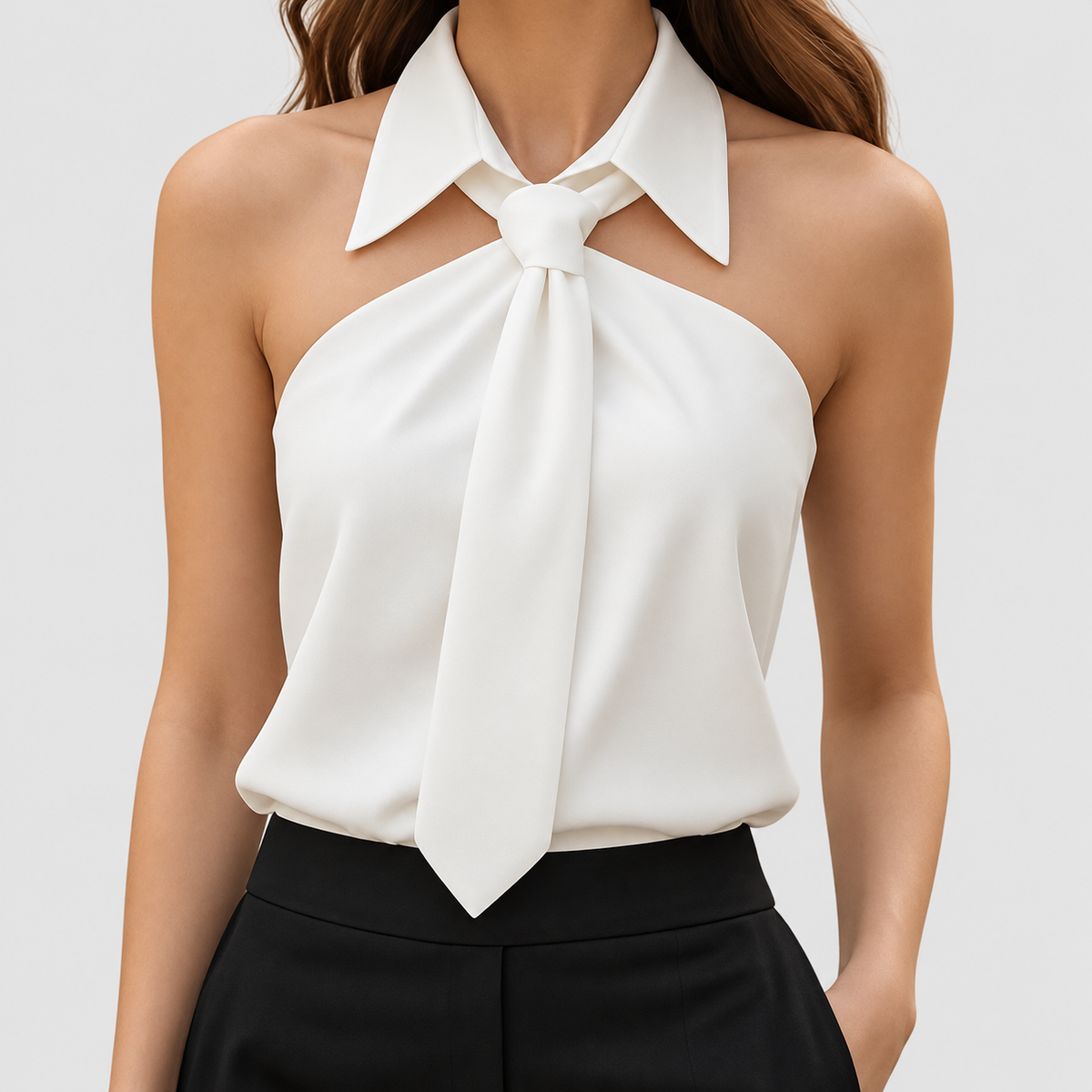 Tallulah | Women’s Sleeveless Halter Blouse with Tie Detail — White