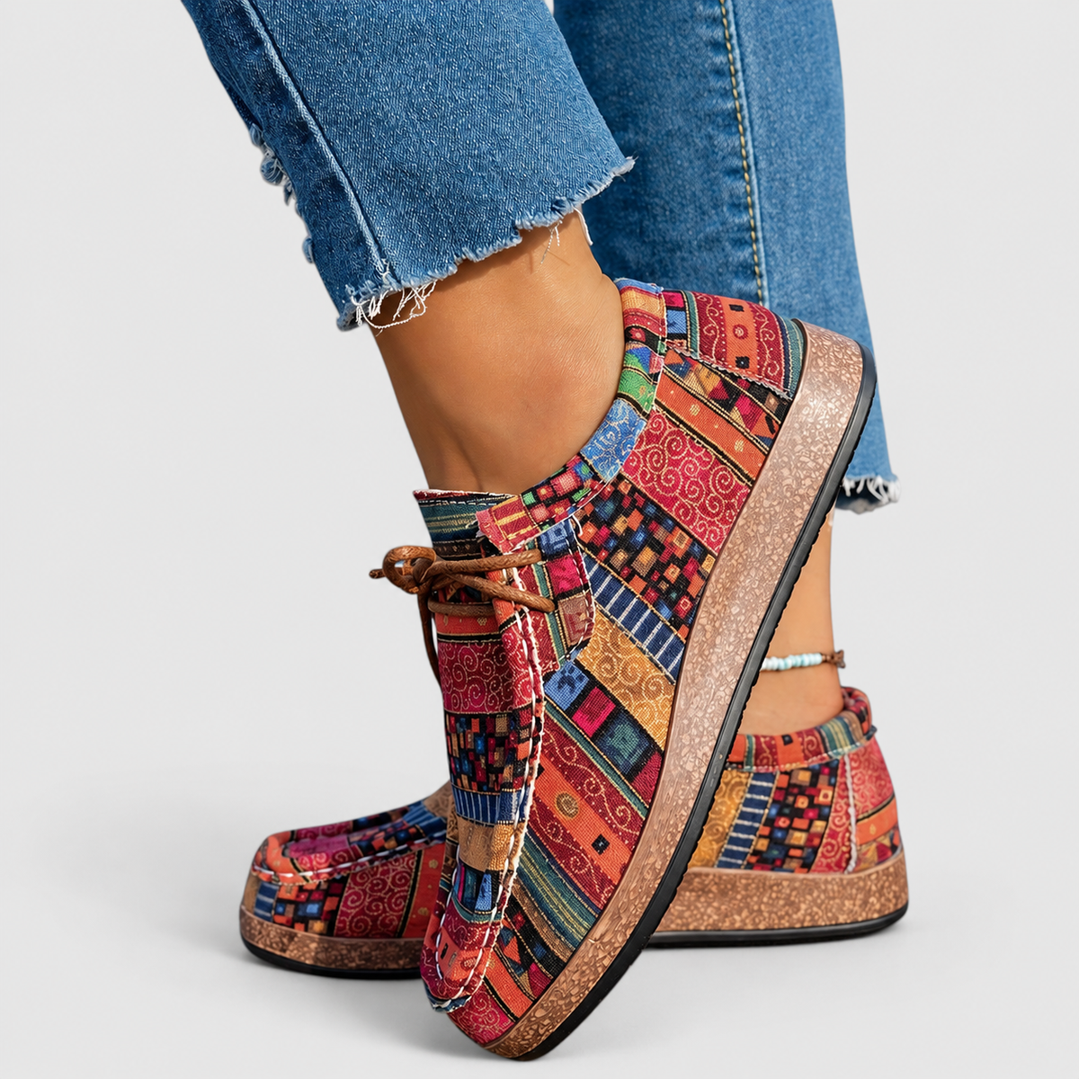 Tamsin | Women’s Patterned Lace-Up Walking Shoes — Red