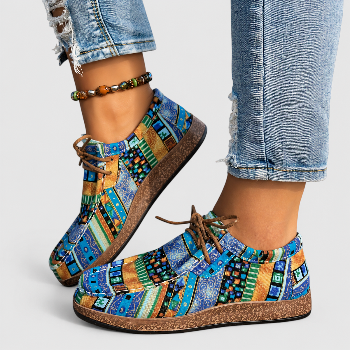 Tamsin | Women’s Patterned Lace-Up Walking Shoes — Blue