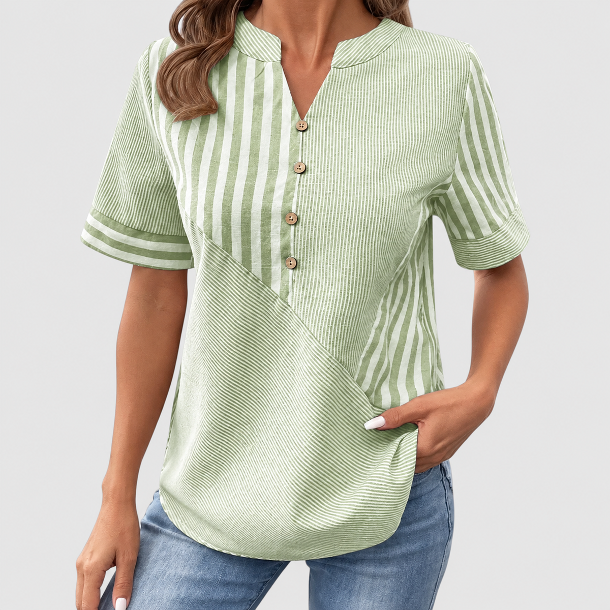 Tanith | Women’s Striped Short-Sleeve Blouse — Green