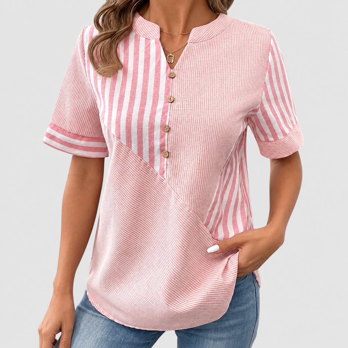 Tanith | Women’s Striped Short-Sleeve Blouse — Pink