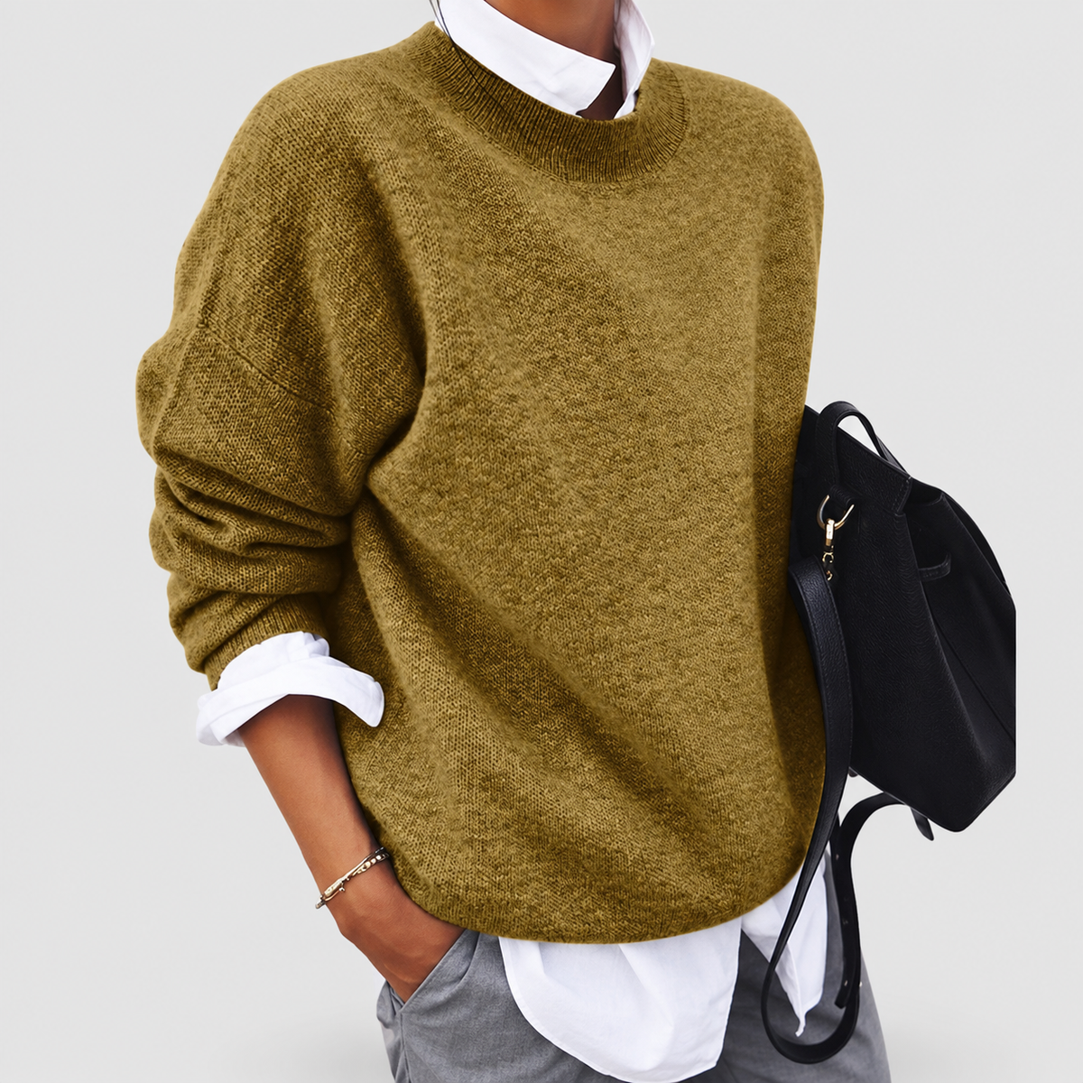 Thalia | Women’s Soft-Textured Crew-Neck Sweater — Khaki
