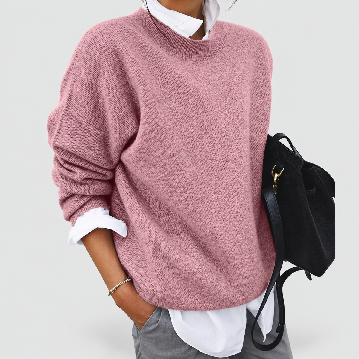 Thalia | Women’s Soft-Textured Crew-Neck Sweater — Pink
