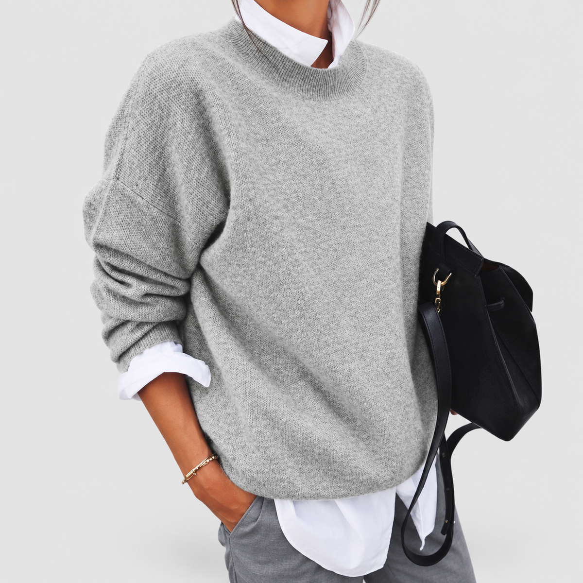 Thalia | Women’s Soft-Textured Crew-Neck Sweater — Grey