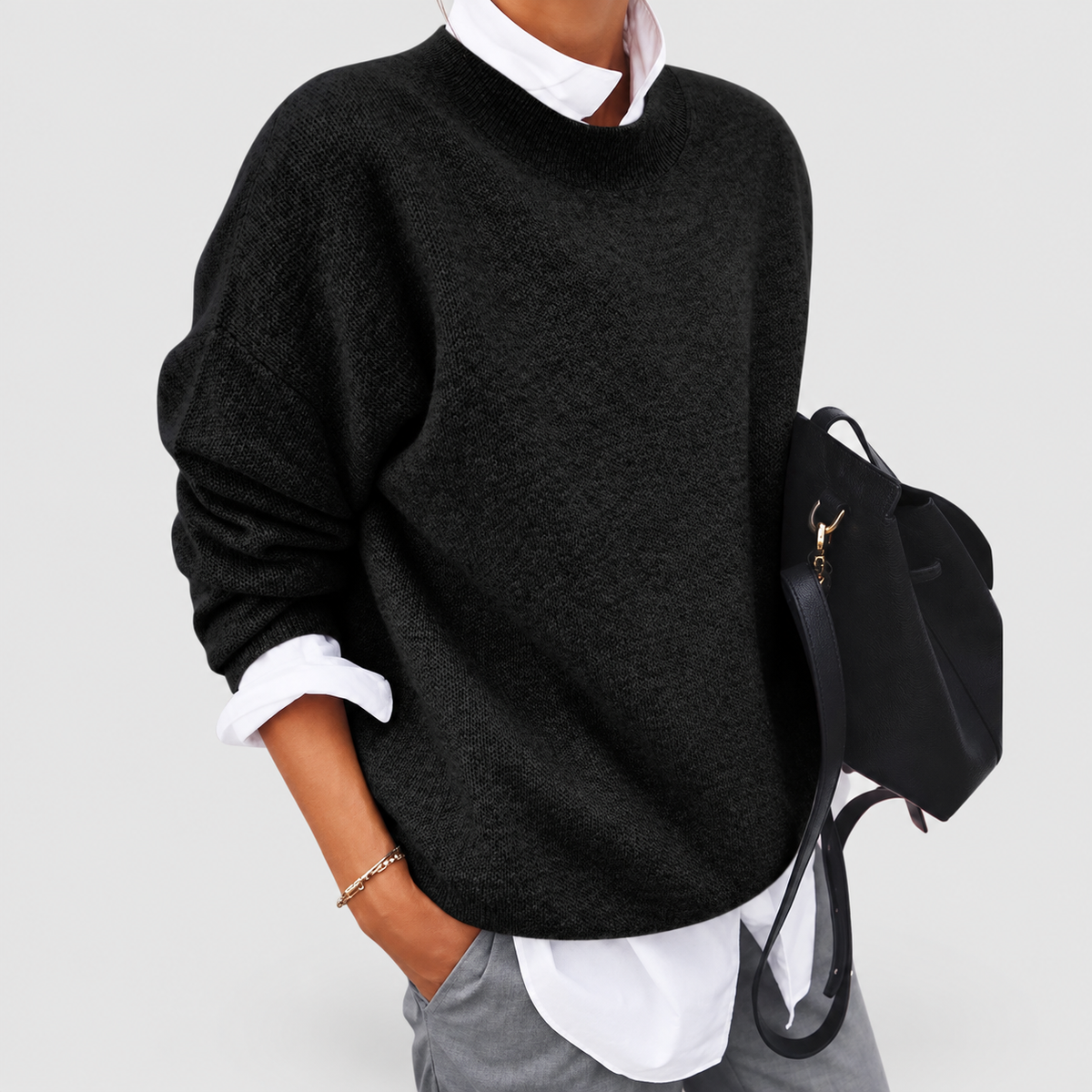 Thalia | Women’s Soft-Textured Crew-Neck Sweater — Black