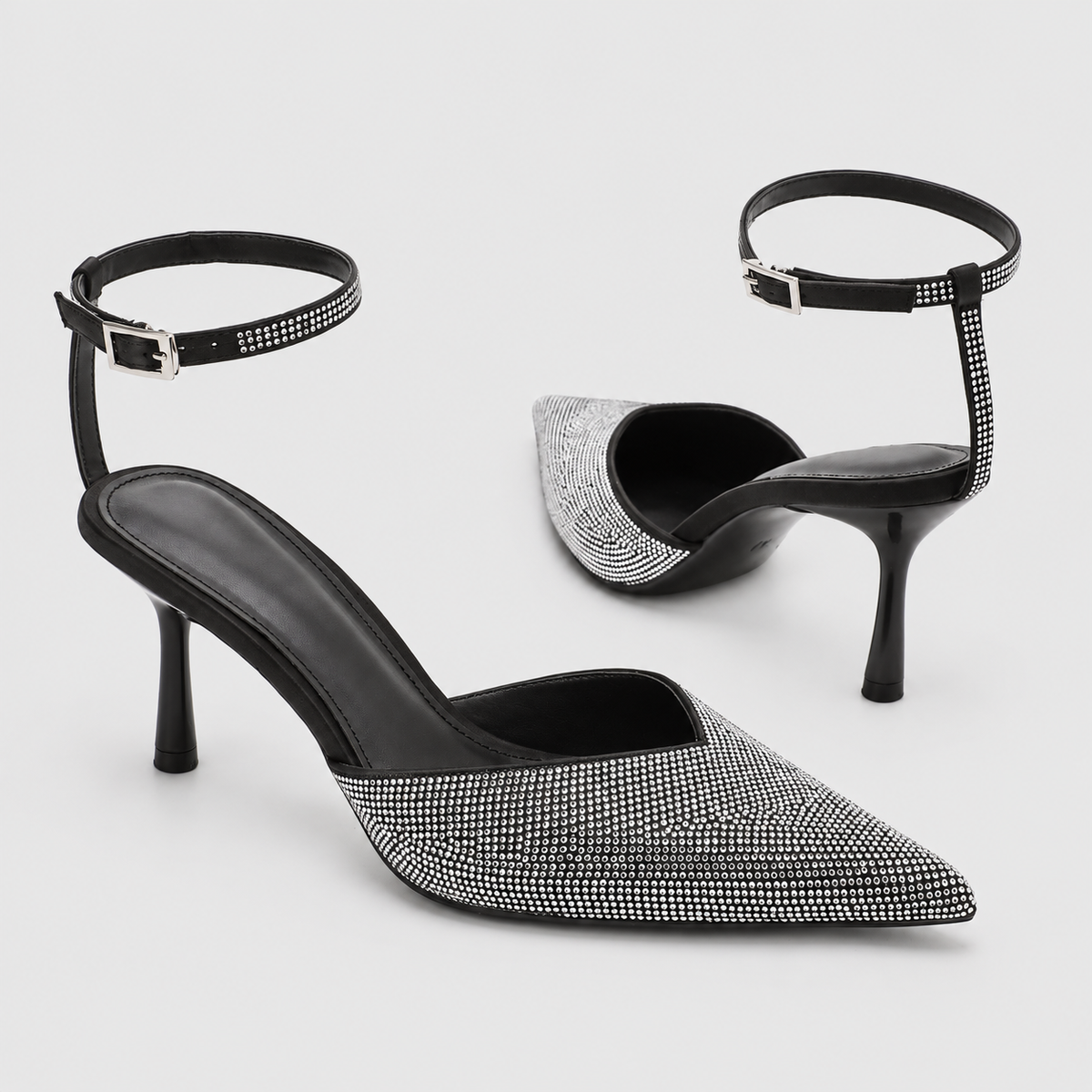 Theodora-Rose | Women’s Sparkle-Detail Pointed-Toe Ankle-Strap Heels — Black