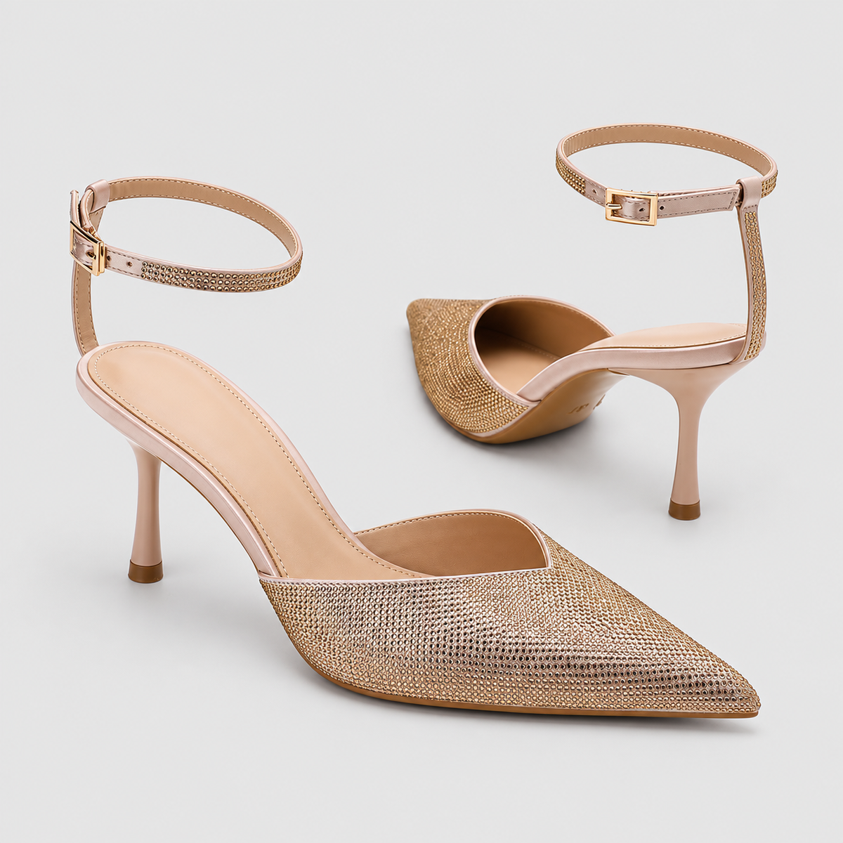 Theodora-Rose | Women’s Sparkle-Detail Pointed-Toe Ankle-Strap Heels — Champagne