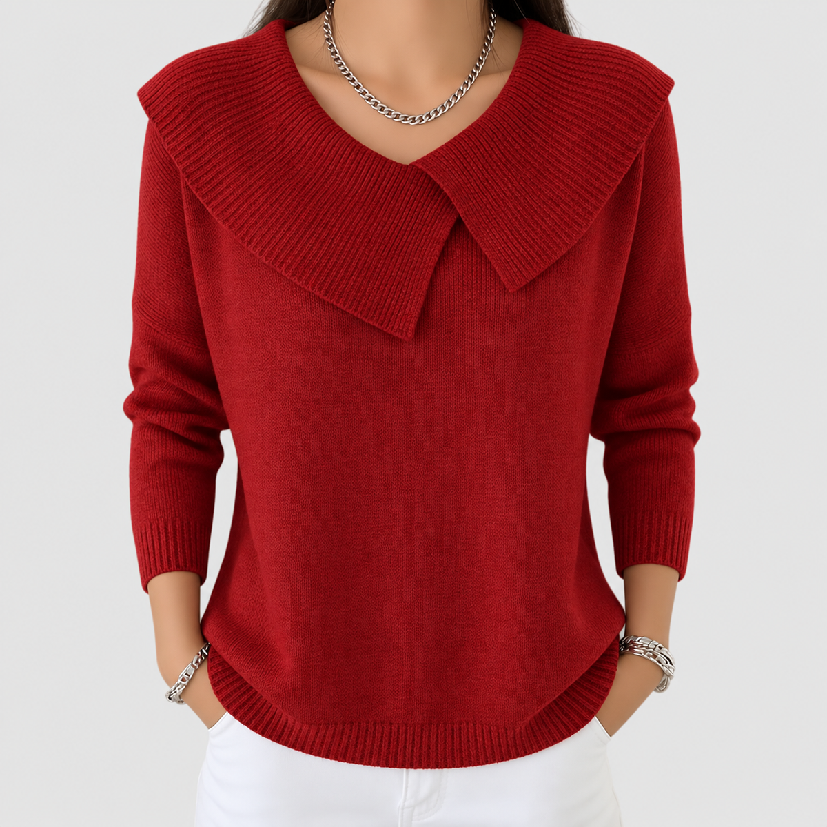 Thomasina | Women’s Warm Sweater with Soft Collar — Red