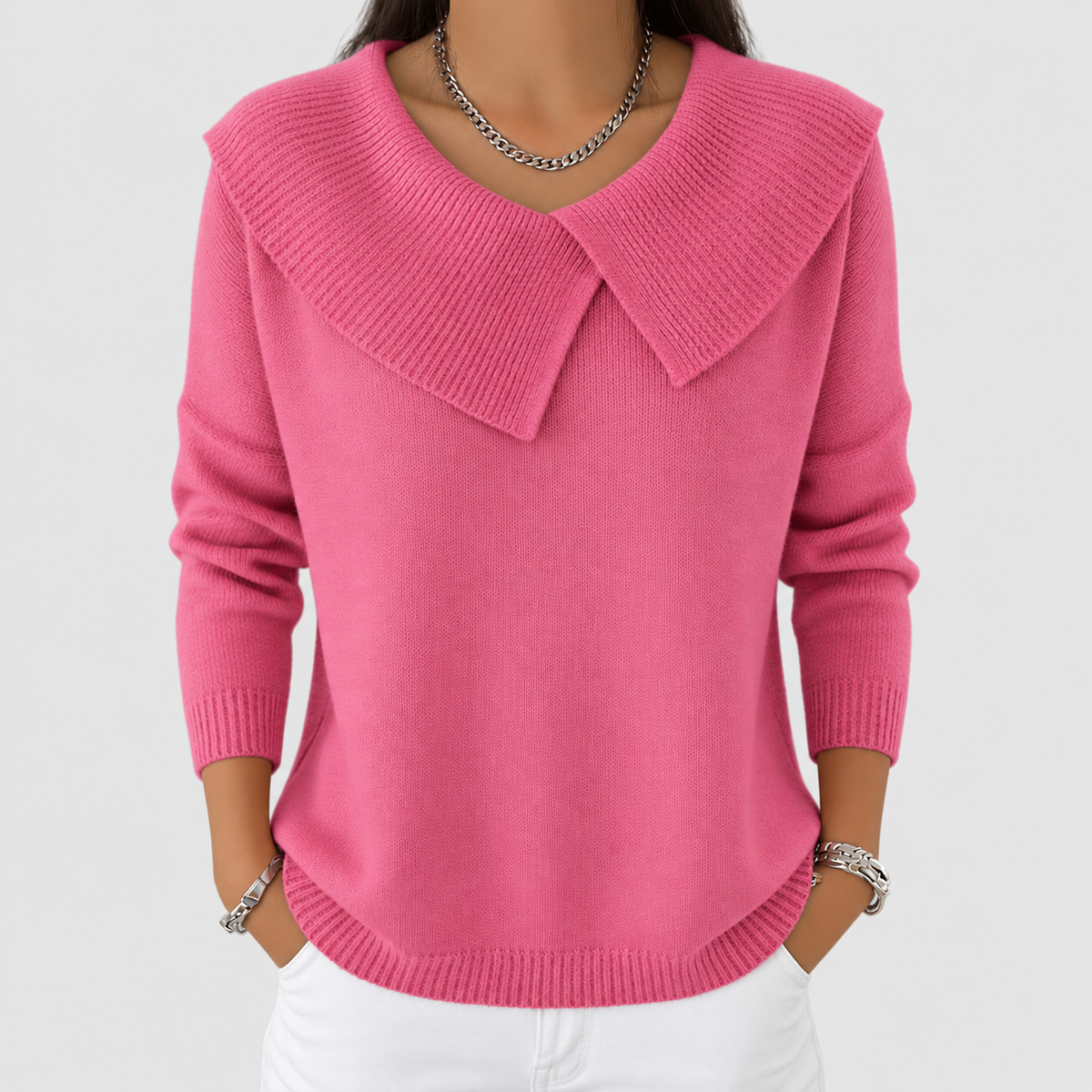 Thomasina | Women’s Warm Sweater with Soft Collar — Pink