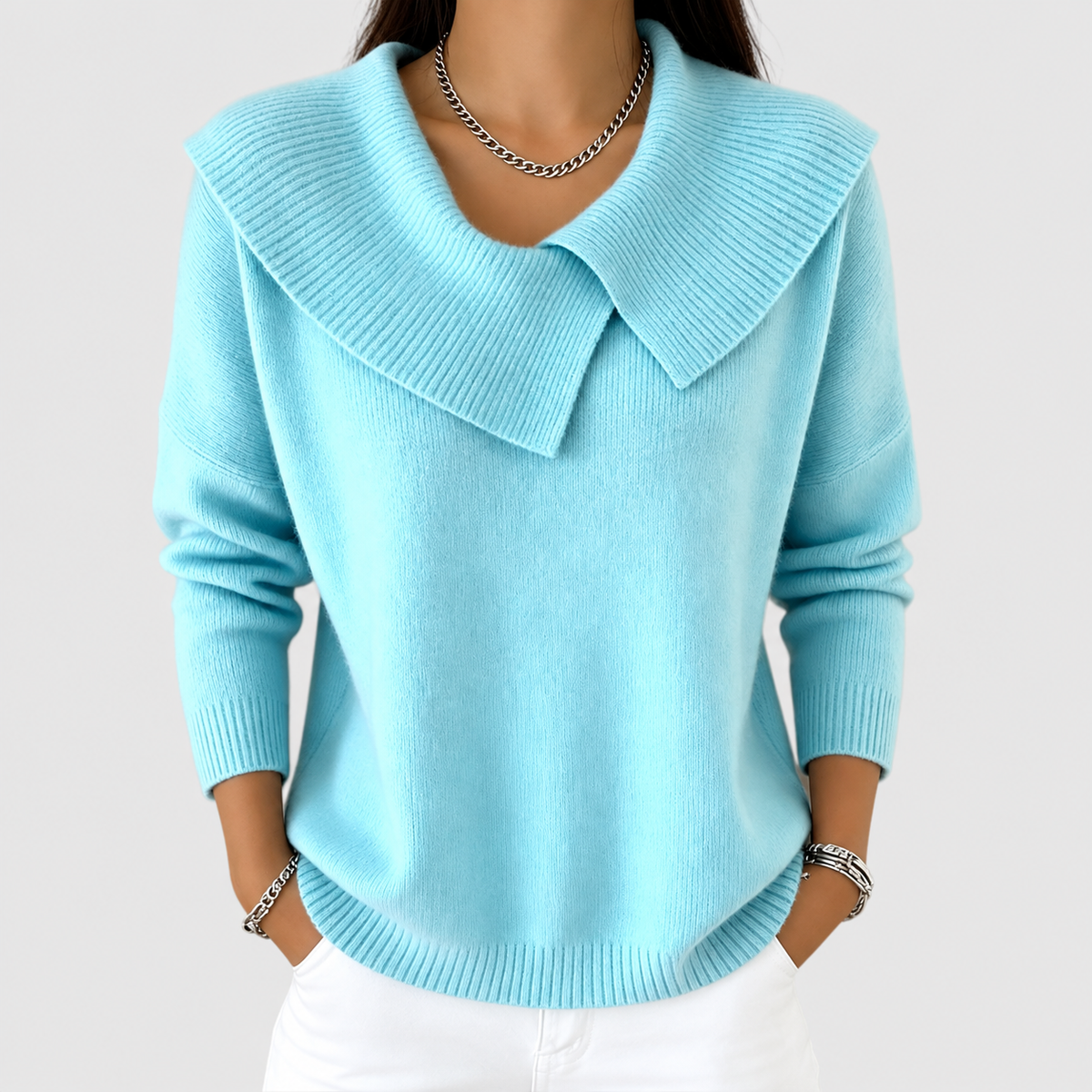 Thomasina | Women’s Warm Sweater with Soft Collar — Light Blue