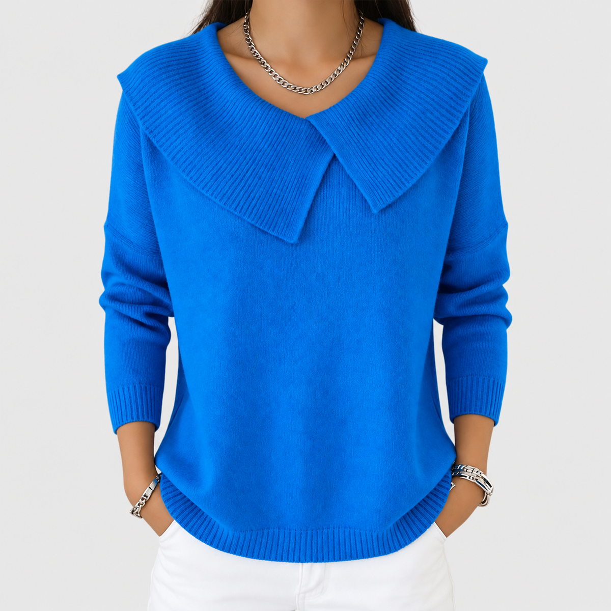 Thomasina | Women’s Warm Sweater with Soft Collar — Dark Blue