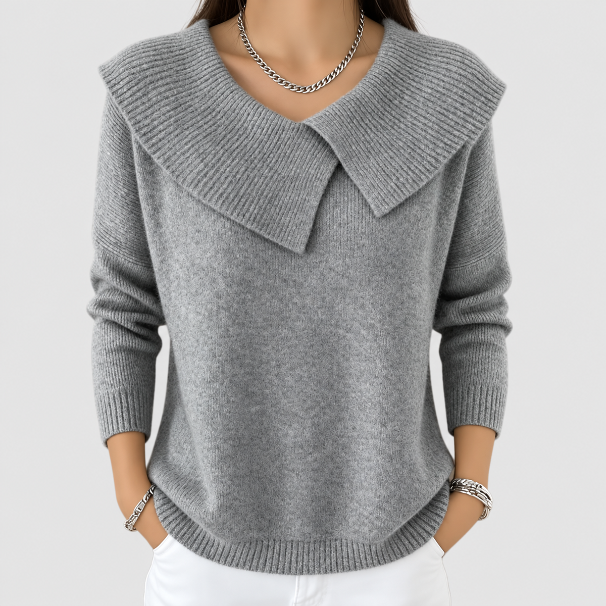 Thomasina | Women’s Warm Sweater with Soft Collar — Grey