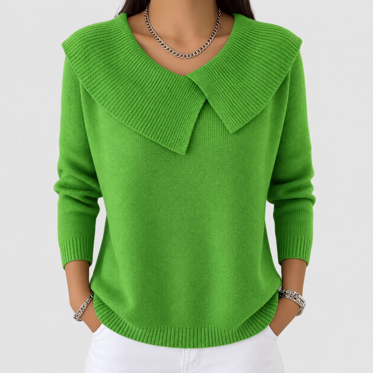 Thomasina | Women’s Warm Sweater with Soft Collar — Light Green