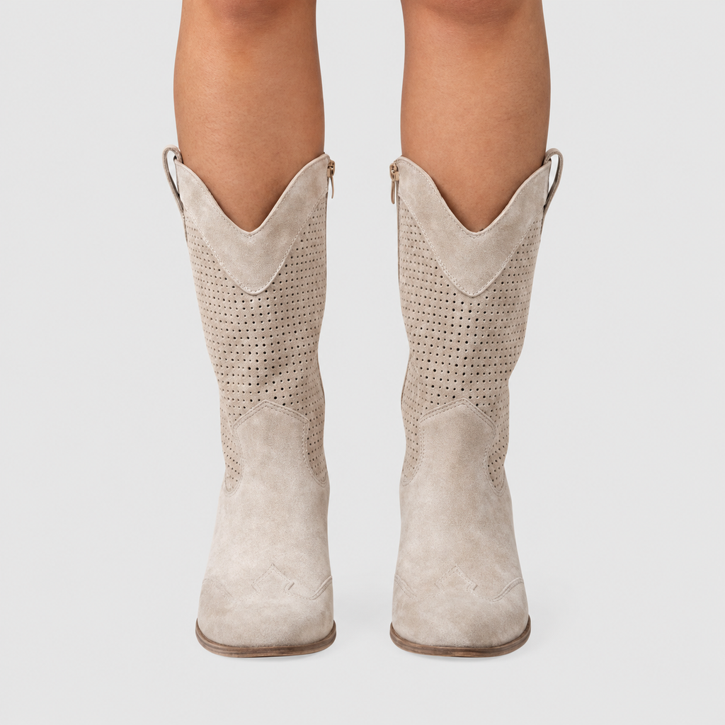 Tristana | Women’s Pointed-Toe Western Mid-Calf Boots — Beige