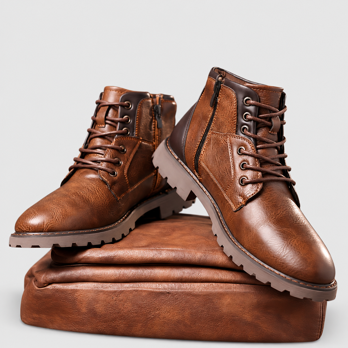Ulric | Men’s Lace-Up Ankle Boots with Side Zip — Brown Plush, Brown