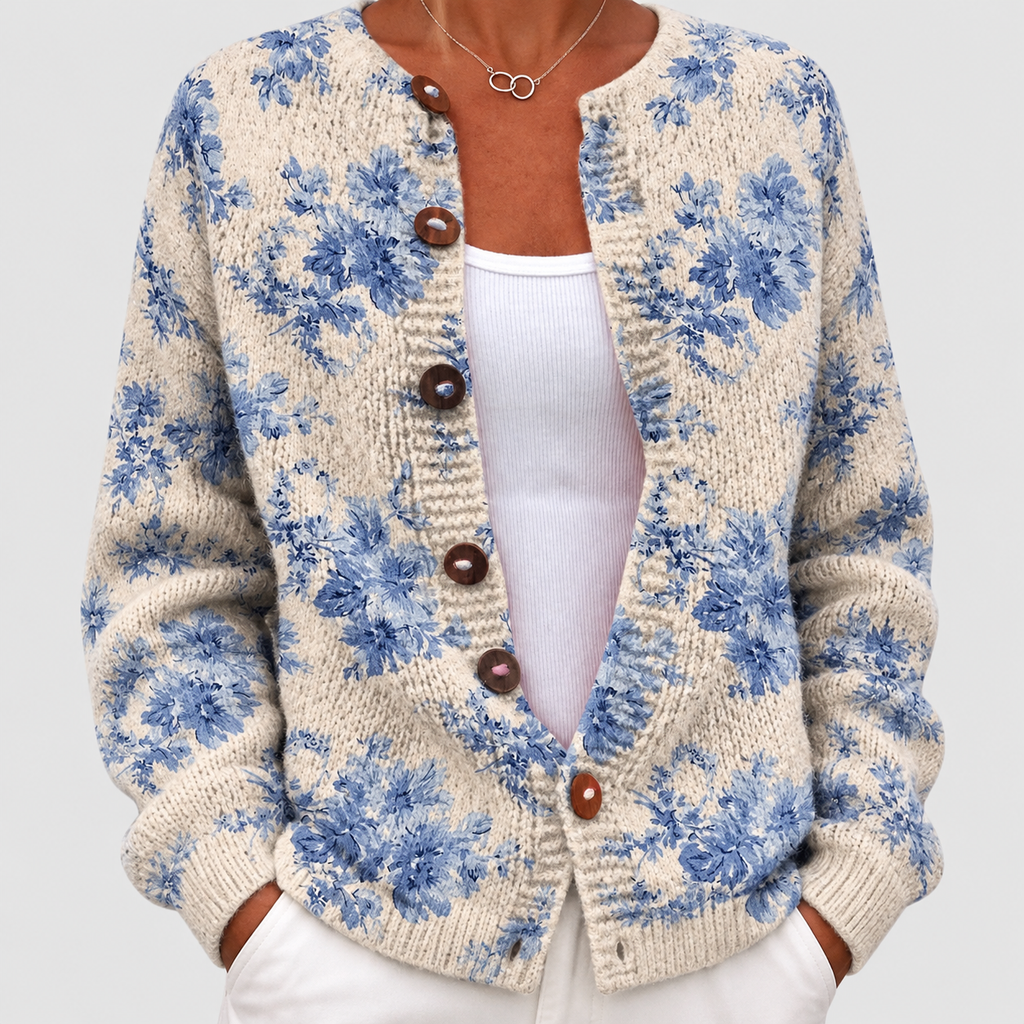 Ulyssa | Women’s Blue Floral-Print Buttoned Cardigan — product detail 2