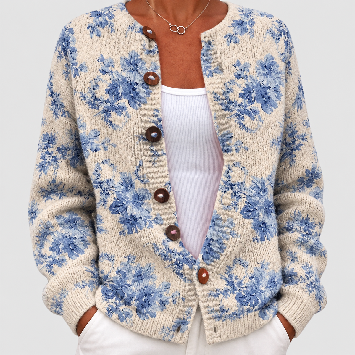 Ulyssa | Women’s Blue Floral-Print Buttoned Cardigan — product detail 2