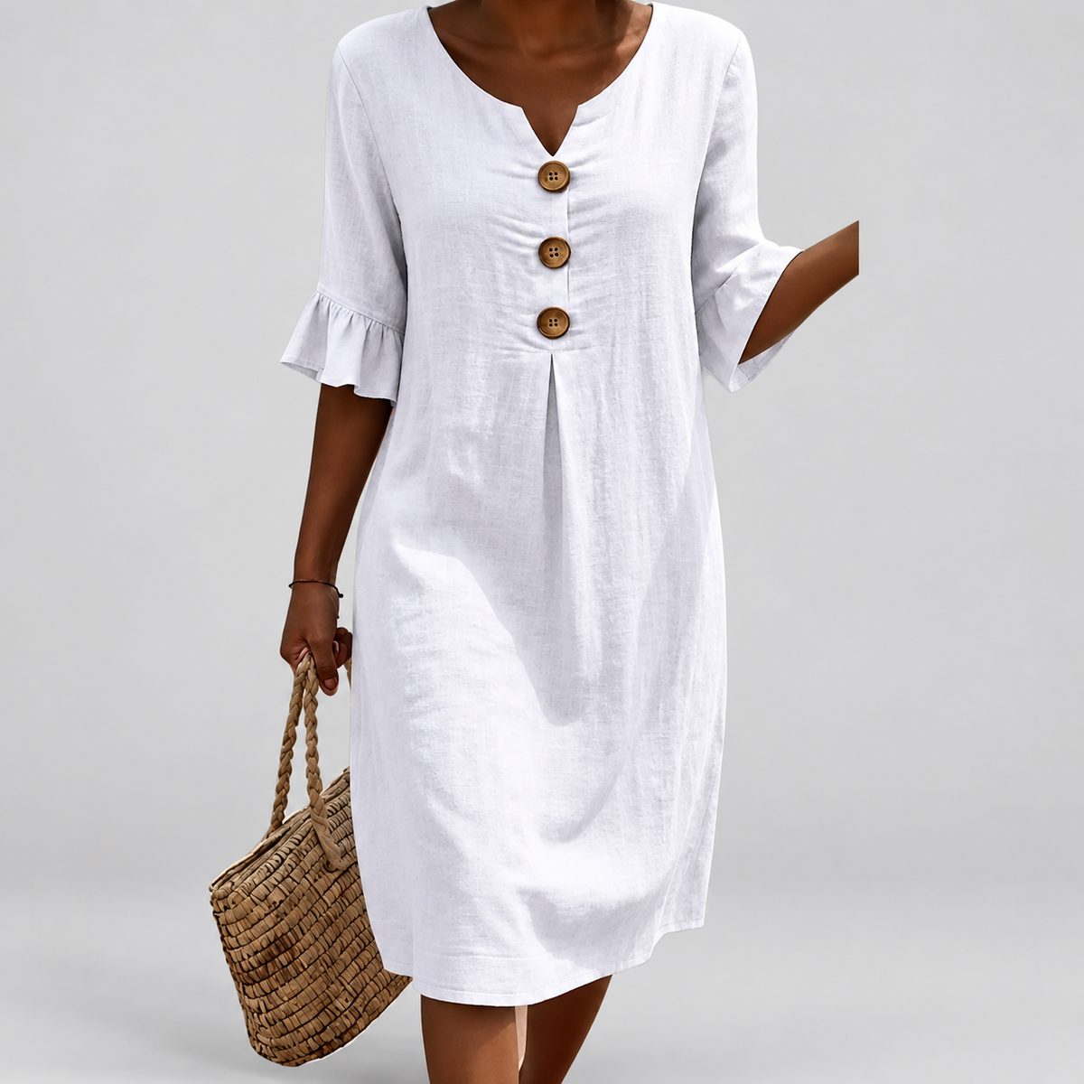 Valeria | Women’s Textured Button-Detail Dress — White