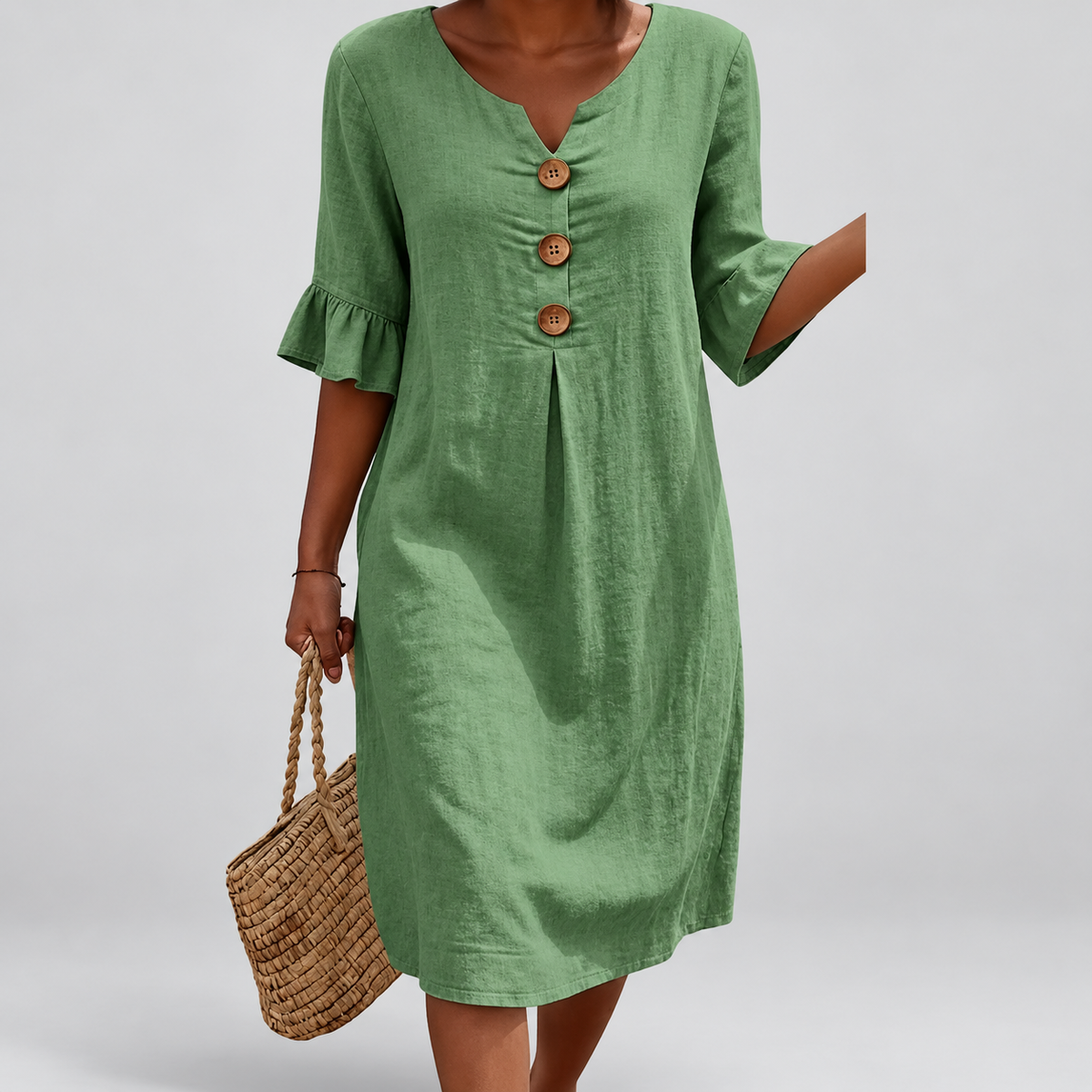 Valeria | Women’s Textured Button-Detail Dress — Green