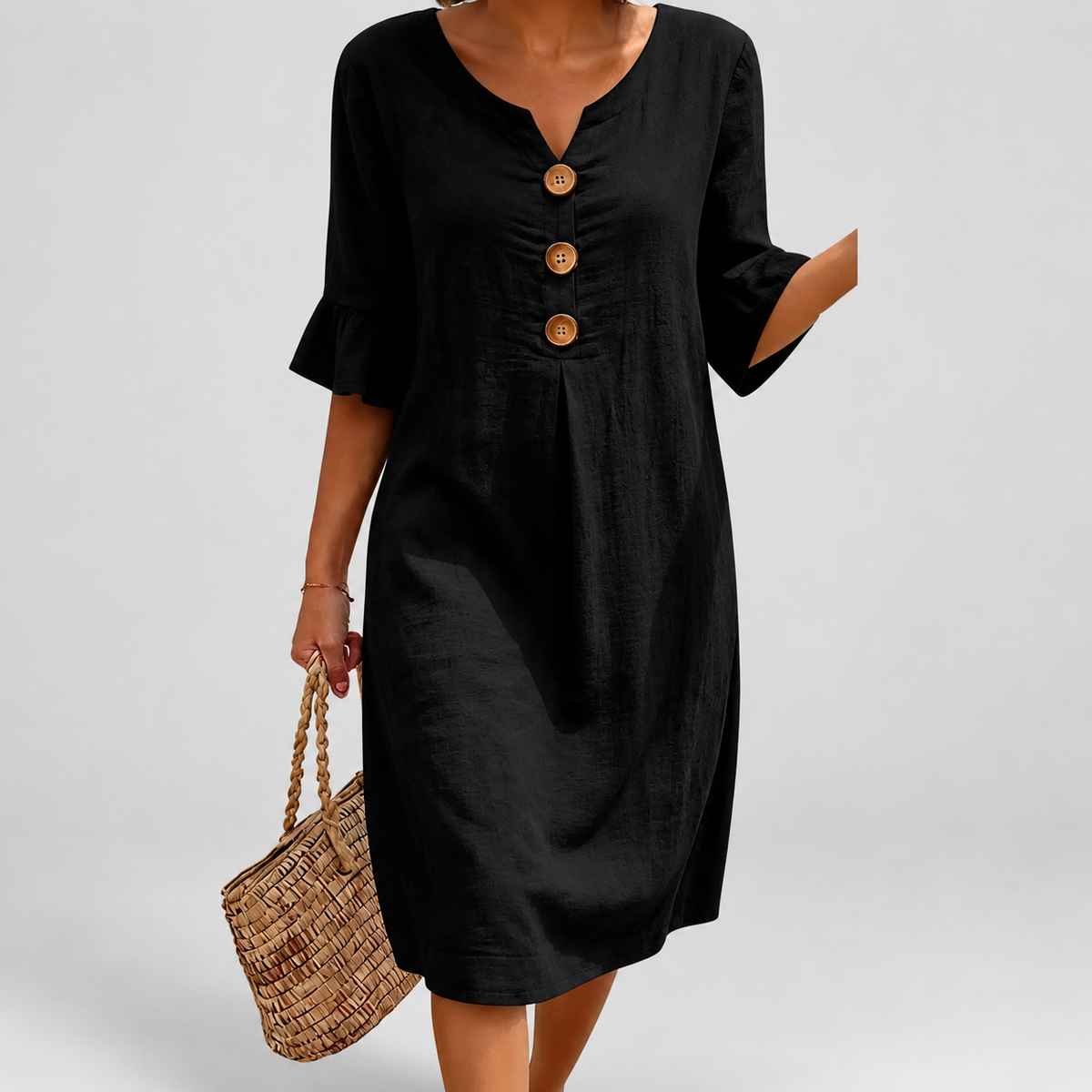 Valeria | Women’s Textured Button-Detail Dress — Black