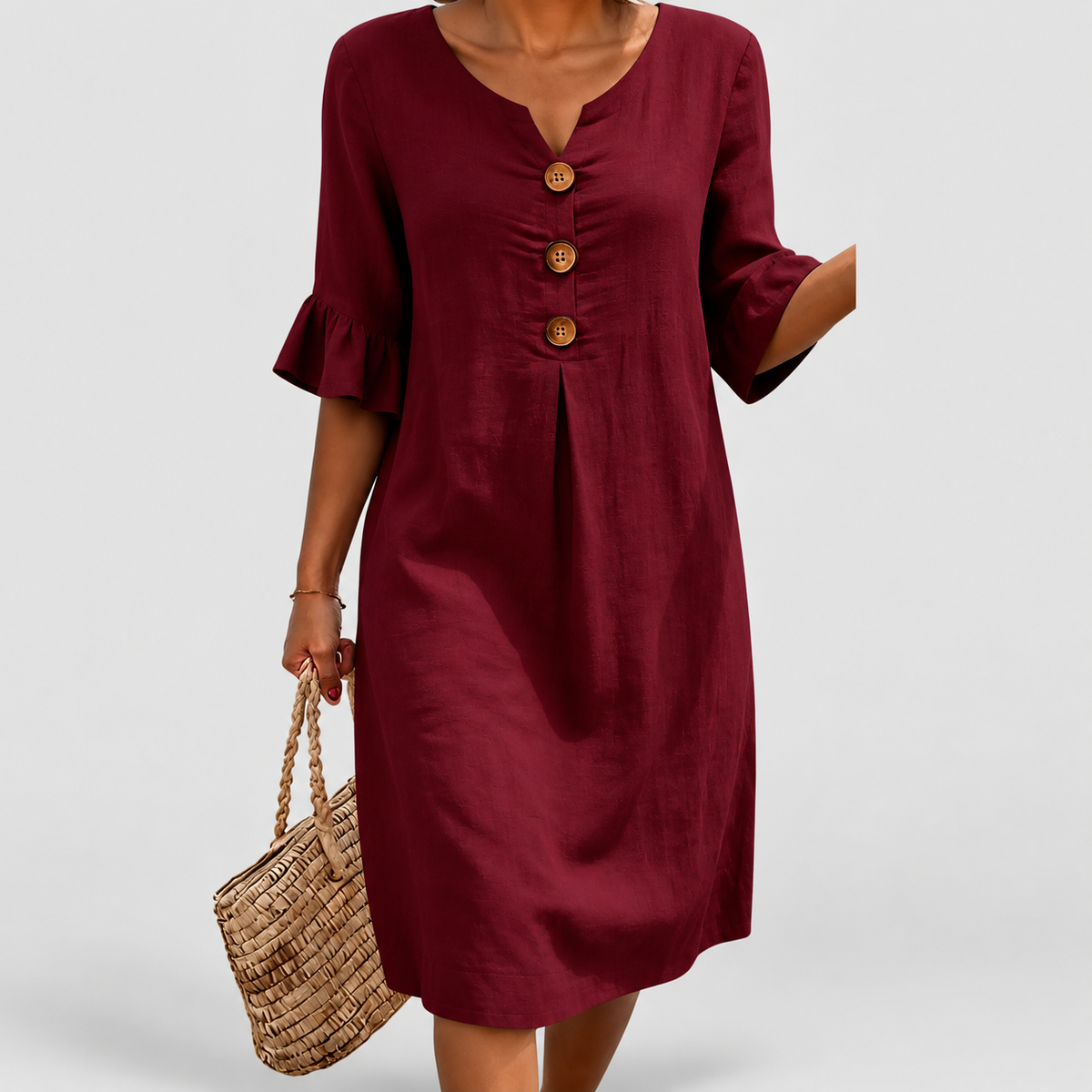 Valeria | Women’s Textured Button-Detail Dress — Burgundy