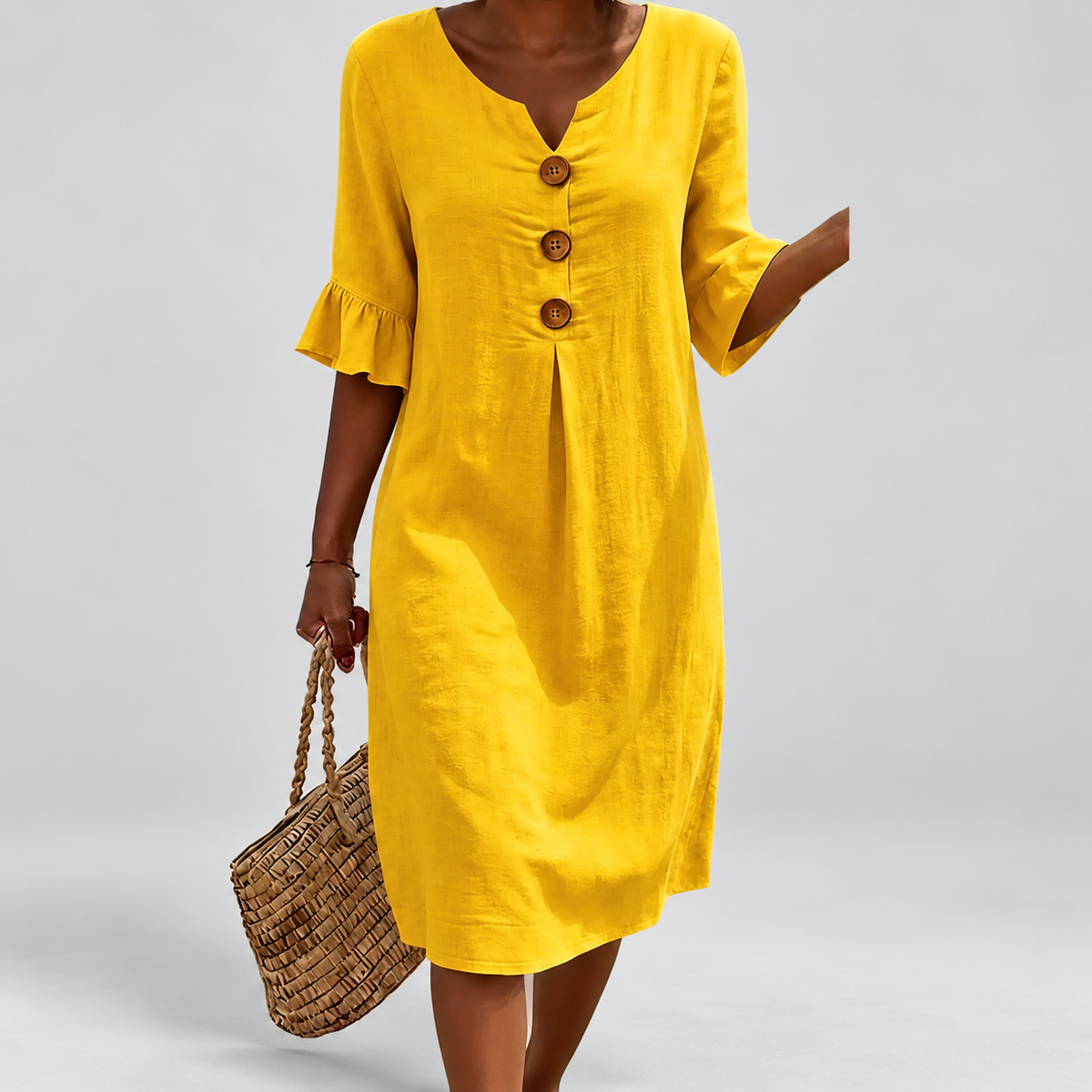 Valeria | Women’s Textured Button-Detail Dress — Yellow