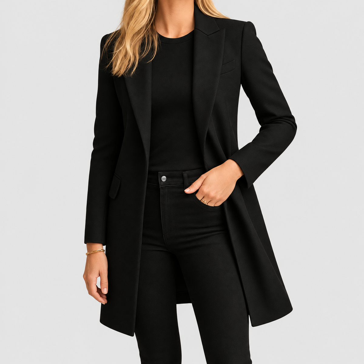 Valerina | Women’s Lapel-Collar Mid-Length Coat — Black
