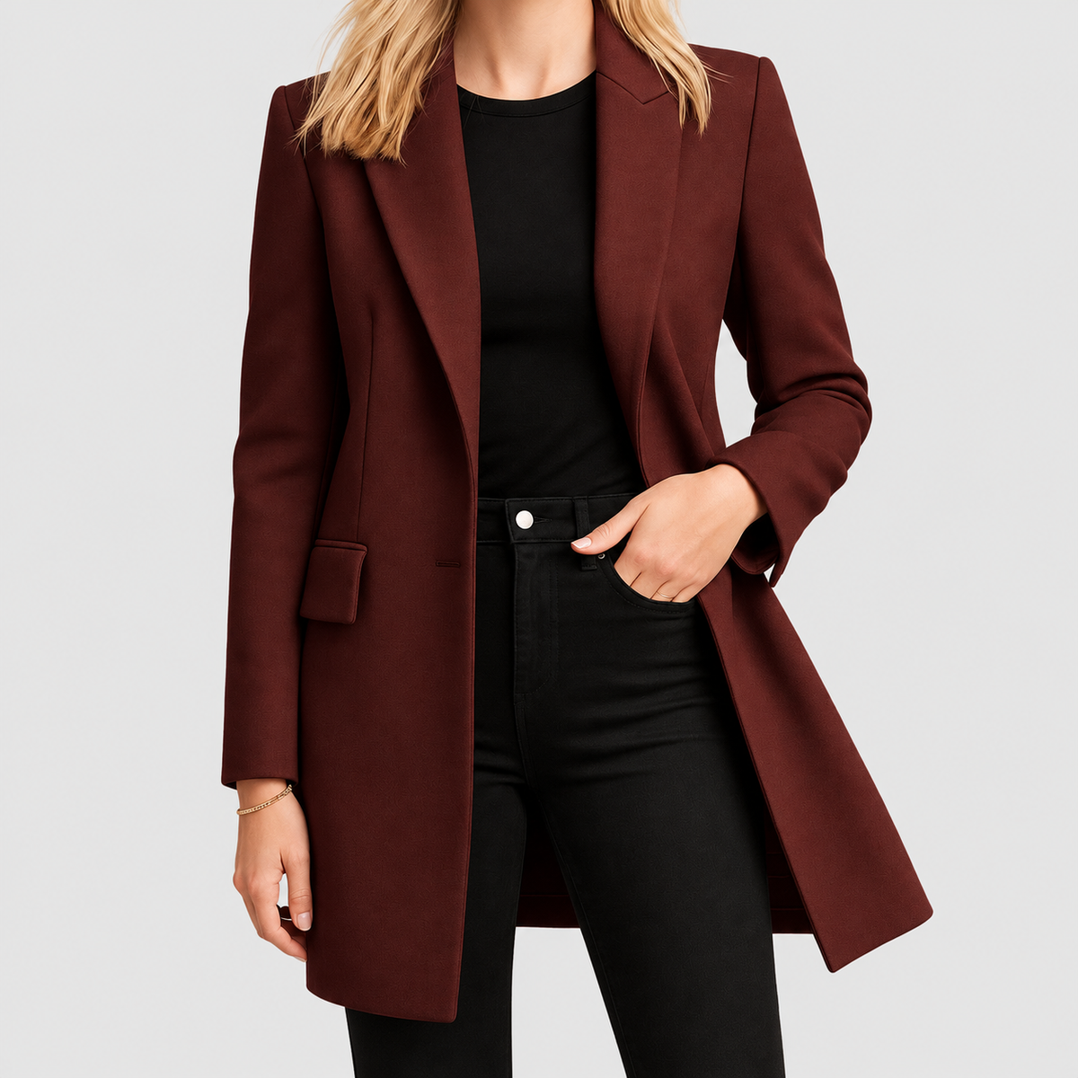 Valerina | Women’s Lapel-Collar Mid-Length Coat — Wine Red
