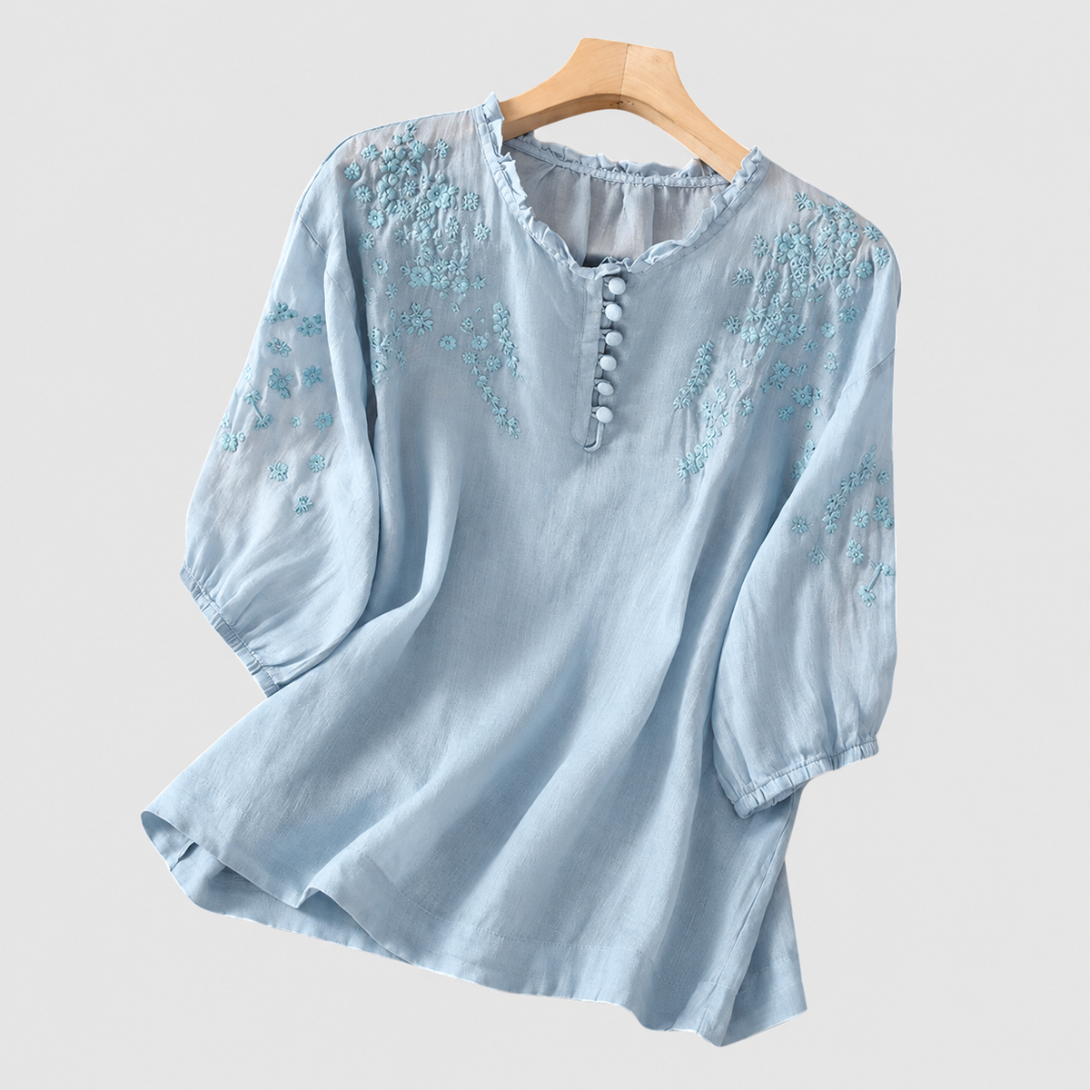 Vasilina | Women’s Embroidered Button-Front Blouse — Blue