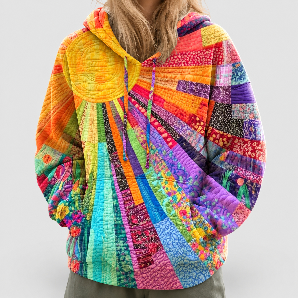 Verena | Women’s Patchwork-Print Hoodie with Sunrise Motif — Multicolour