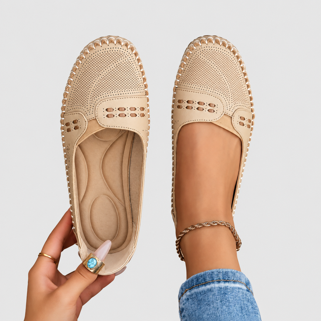 Vespera | Women’s Perforated Slip-On Loafers — Beige