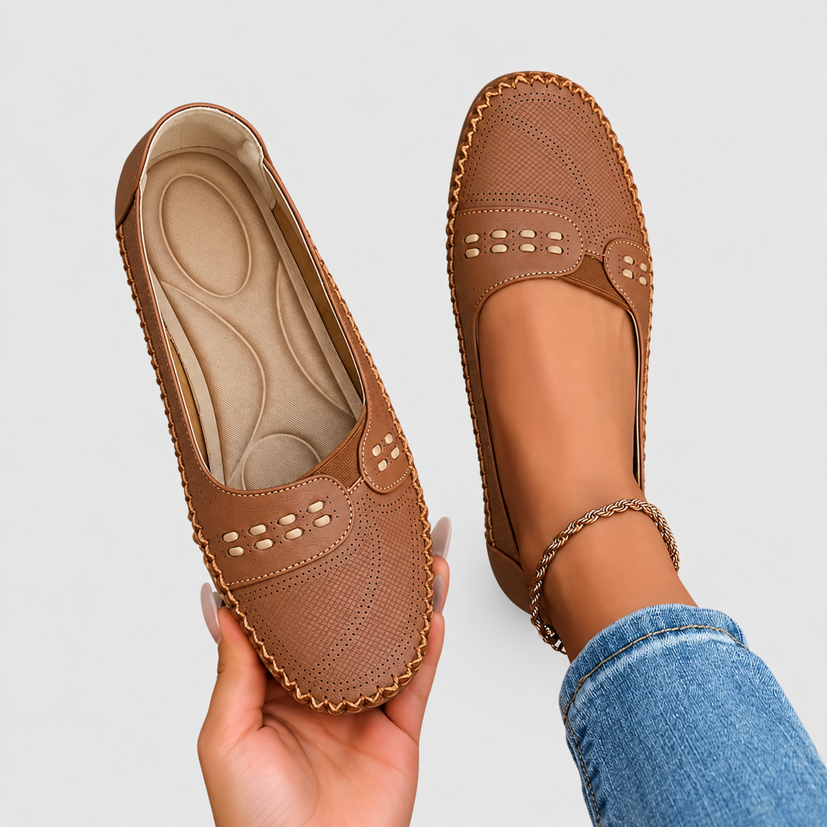 Vespera | Women’s Perforated Slip-On Loafers — Brown