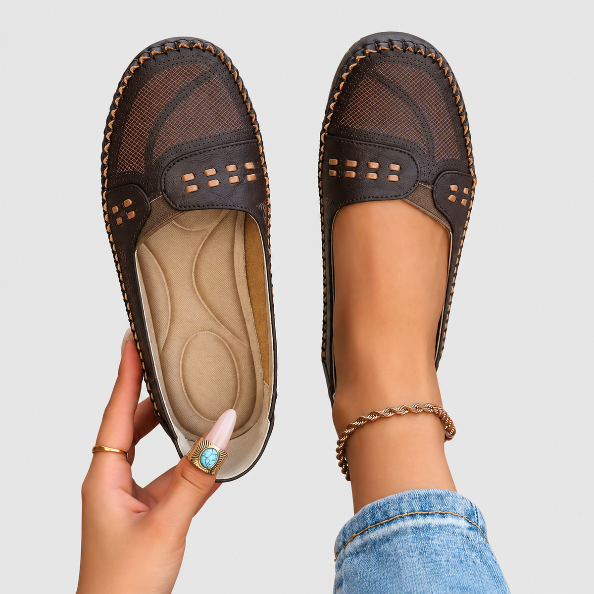 Vespera | Women’s Perforated Slip-On Loafers — Coffee