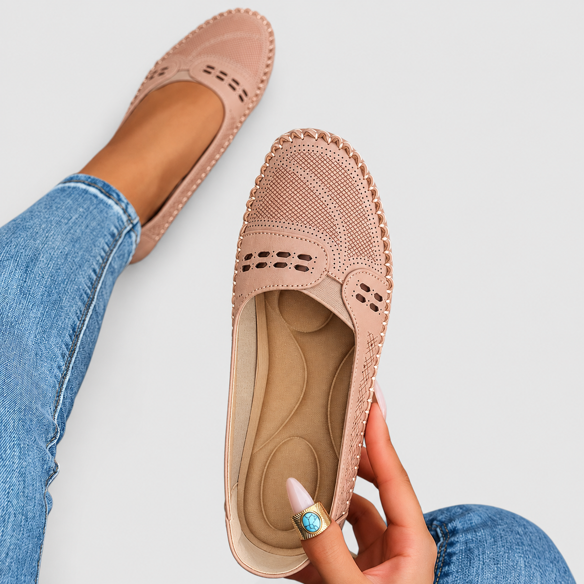 Vespera | Women’s Perforated Slip-On Loafers — Light Pink