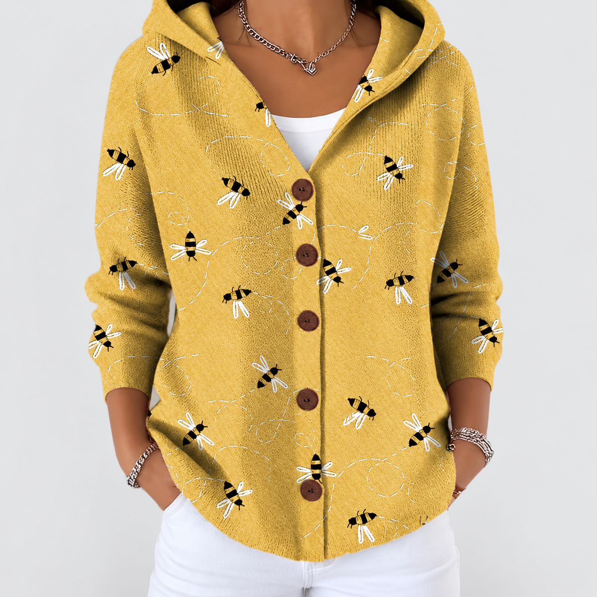 Violet | Women’s Printed Hooded Layering Cardigan — Yellow
