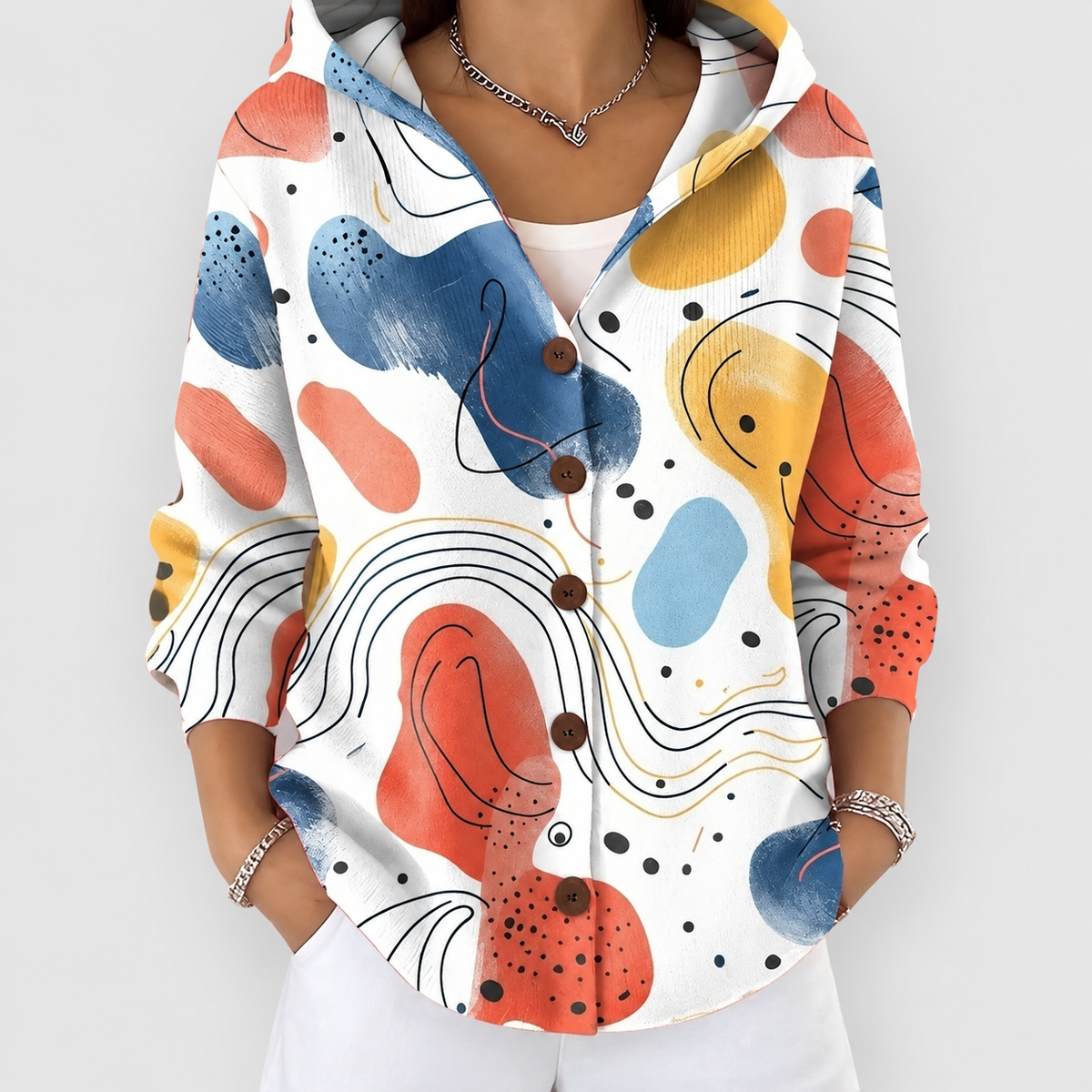 Violet | Women’s Printed Hooded Layering Cardigan — Beige