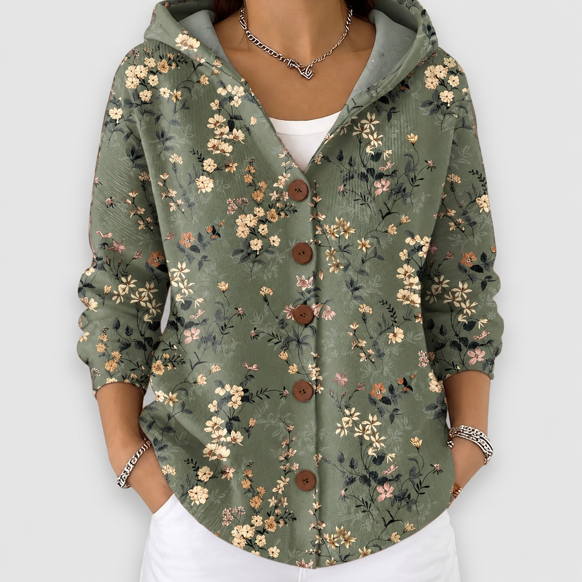 Violet | Women’s Printed Hooded Layering Cardigan — Dark Green
