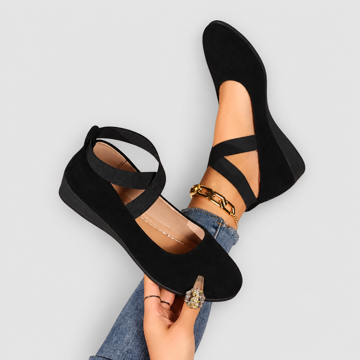 Violetta | Women’s Crossover-Strap Wedge Flats — Black