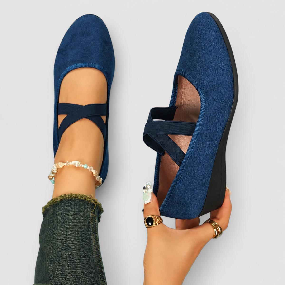 Violetta | Women’s Crossover-Strap Wedge Flats — Blue
