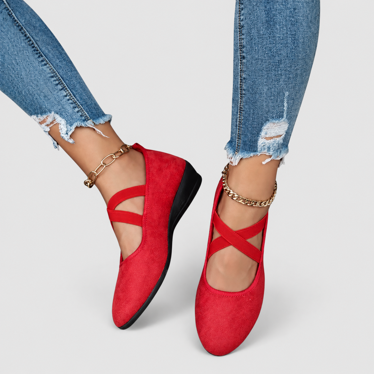 Violetta | Women’s Crossover-Strap Wedge Flats — Red