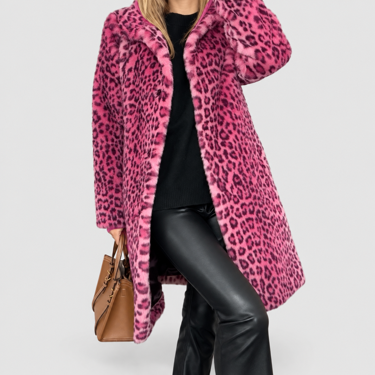 Viviana-May | Women’s Leopard-Print Long Coat — Pink