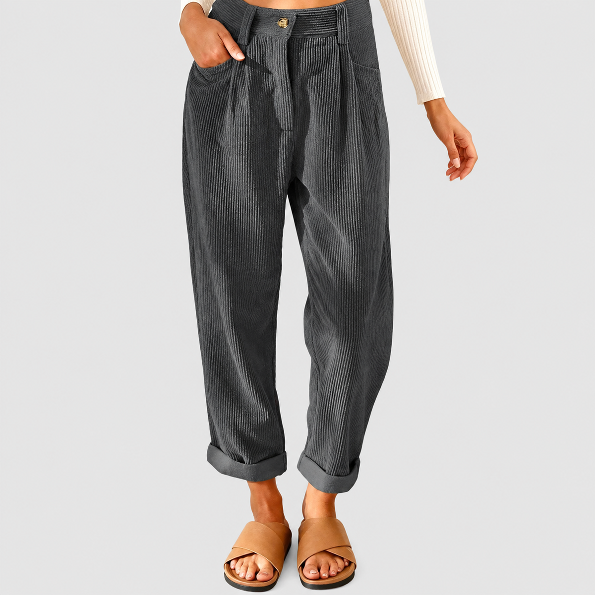 Viviana | Women’s Belted Textured Pants — Grey