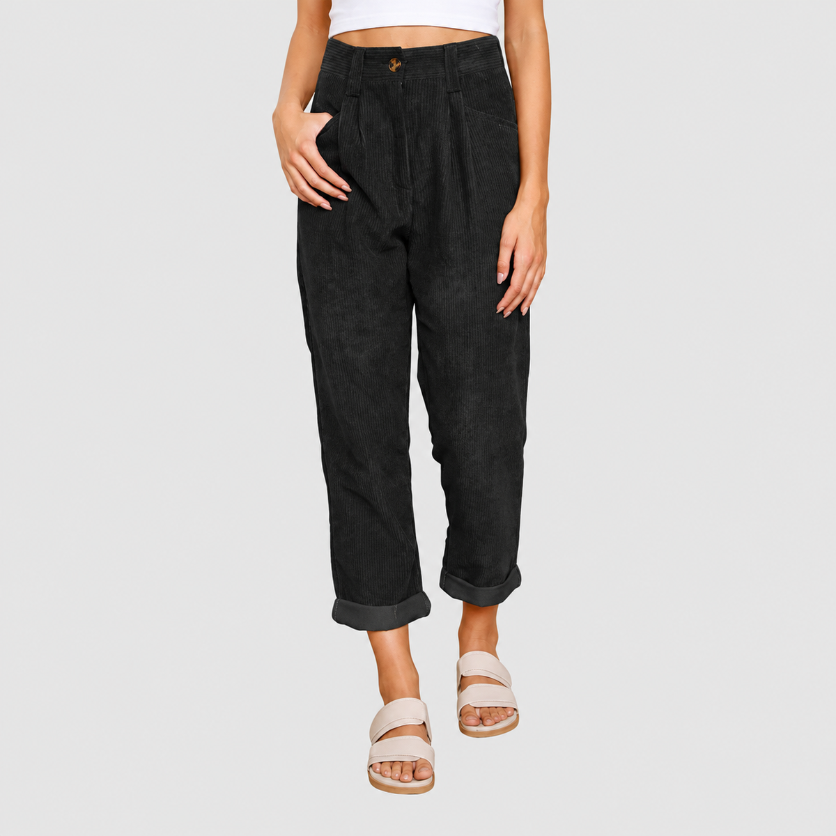 Viviana | Women’s Belted Textured Pants — Black
