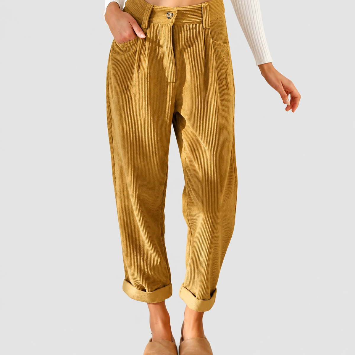 Viviana | Women’s Belted Textured Pants — Mustard
